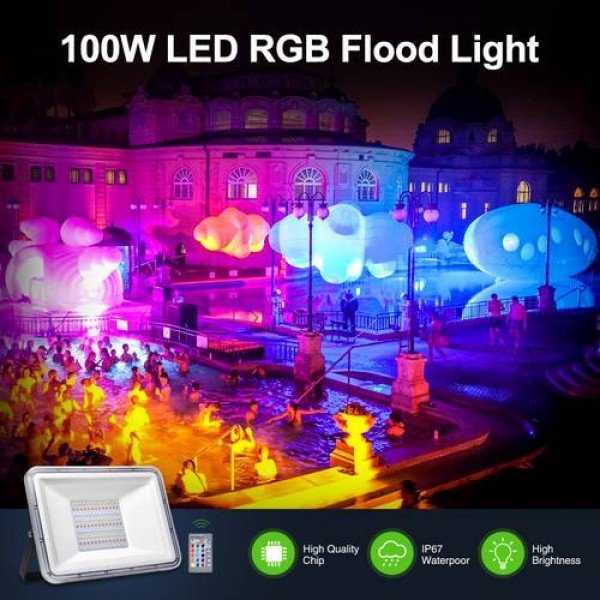 RGB LED Flood Light 100W Color Change Remote Control Outdoor Spotlight IP67 