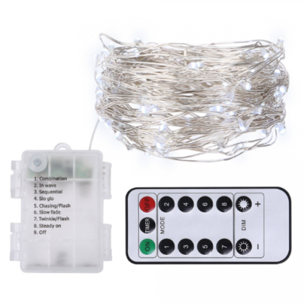 10 m 100 LEDs Function Keys + Remote Control Silver Wire String Lights White