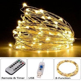 100LED 10M String Fariy Light USB Plug 8-Function Silver Wire Lamp Warm White
