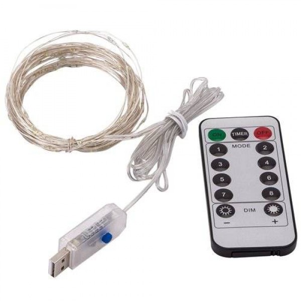100LED 10M String Fariy Light USB Plug 8-Function Silver Wire Lamp Warm White 