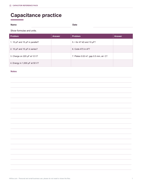 Preview of Printable Capacitance Practice Worksheet